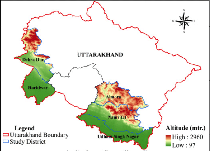 Demographic elevation map of study location in Uttarakhand