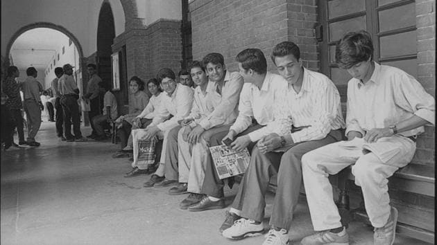 Students await there turn for the personal interview at Delhi University in the year 1994.