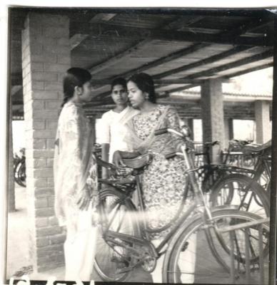 Women students at cycle stand in Kirori Mal College 1961